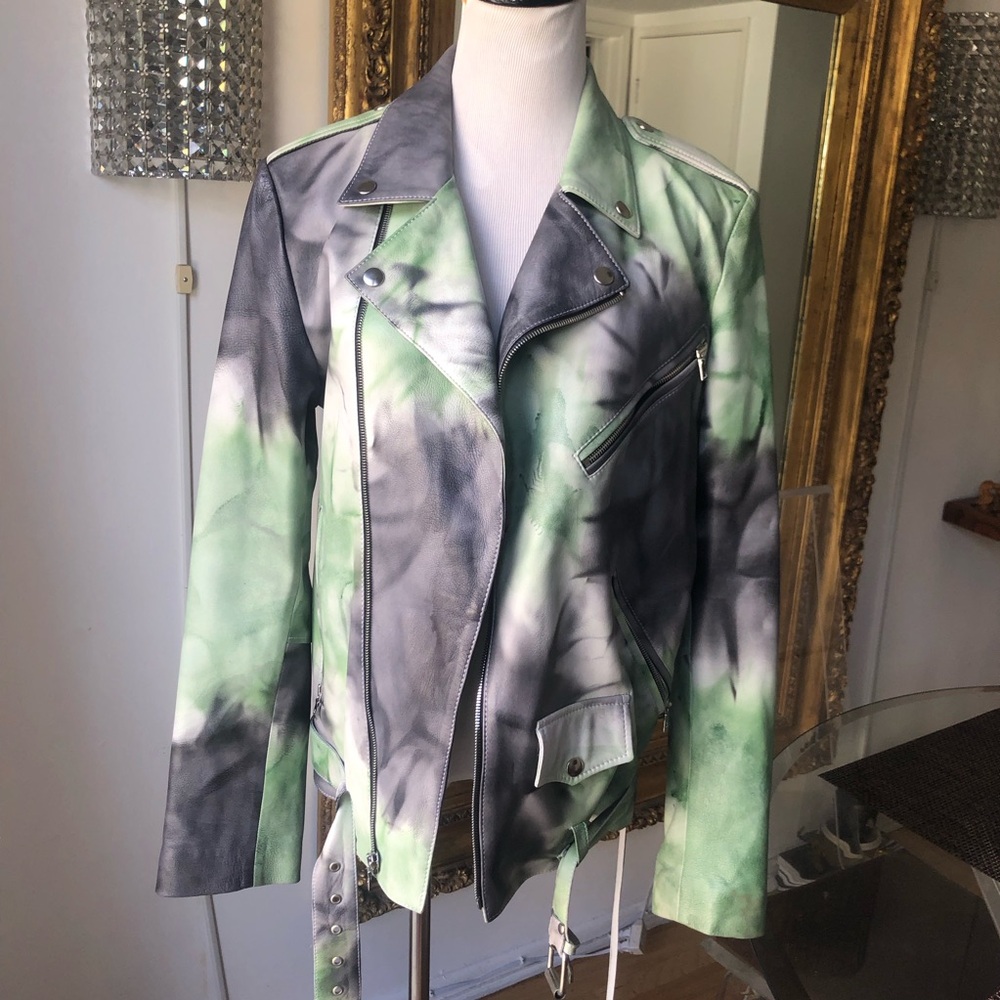 Dan Cassab Stylish Green and Gray tie dye  biker leather Women's Jacket size S